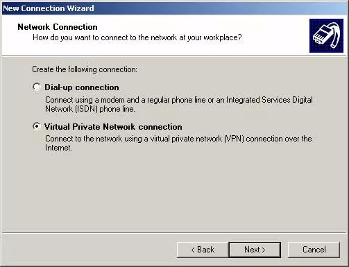 Click Connect to the network at my workplace, and then click Next.
